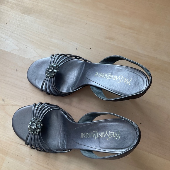 Yves Saint Laurent Metallic Grey Leather Tribute Sandals  YSL Yves Saint Laurent grey silver leather crystal-embellished slingback sandals